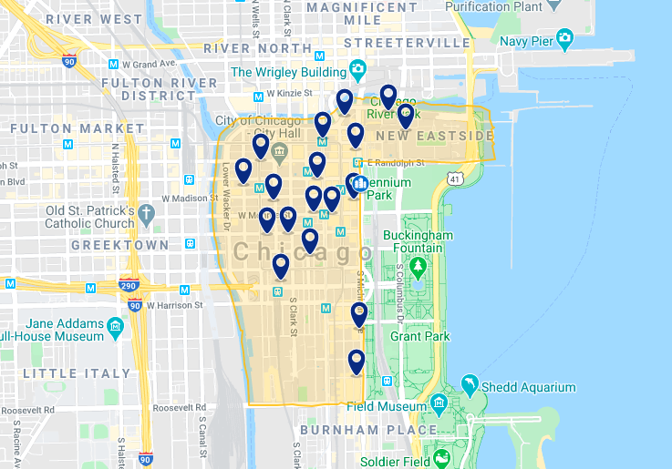 Mapa de melhores hotéis em Chicago