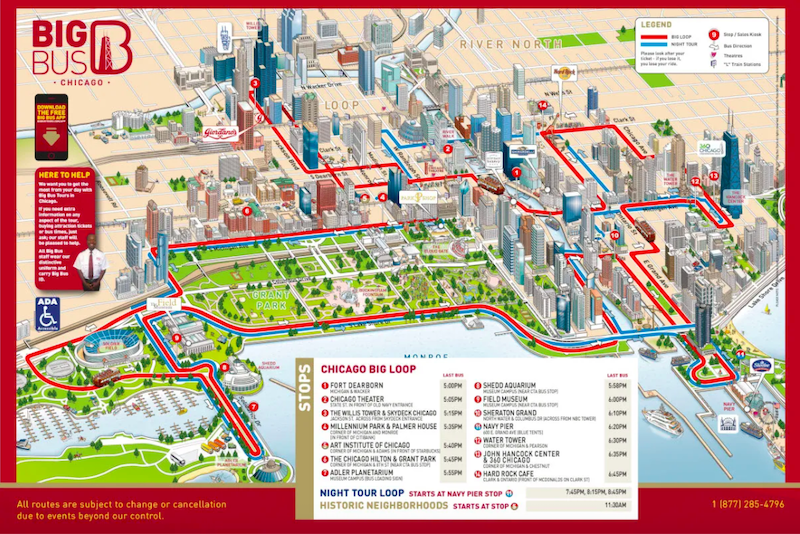 Mapa do passeio de ônibus turístico Big Bus Chicago