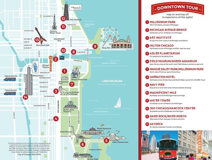 Mapa do passeio de ônibus turístico Chicago Trolley & Double Decker Co.