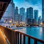 Vista panorâmica dos arranha-céus ao anoitecer em Chicago